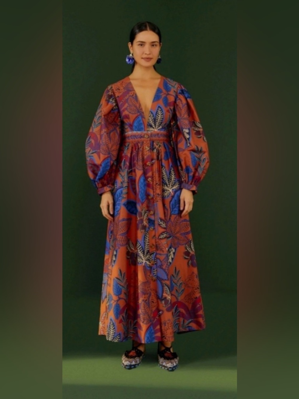 FARM Rio Burnt Orange Maxi Dress with Bold Blue Floral Print